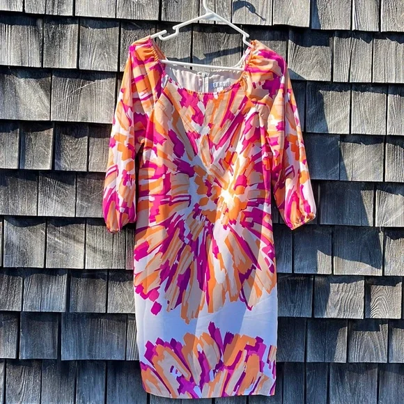 New York & Company | Dresses | New York And Company White Orange Pink  Splash Mini Long Sleeve Dress Small | Poshmark